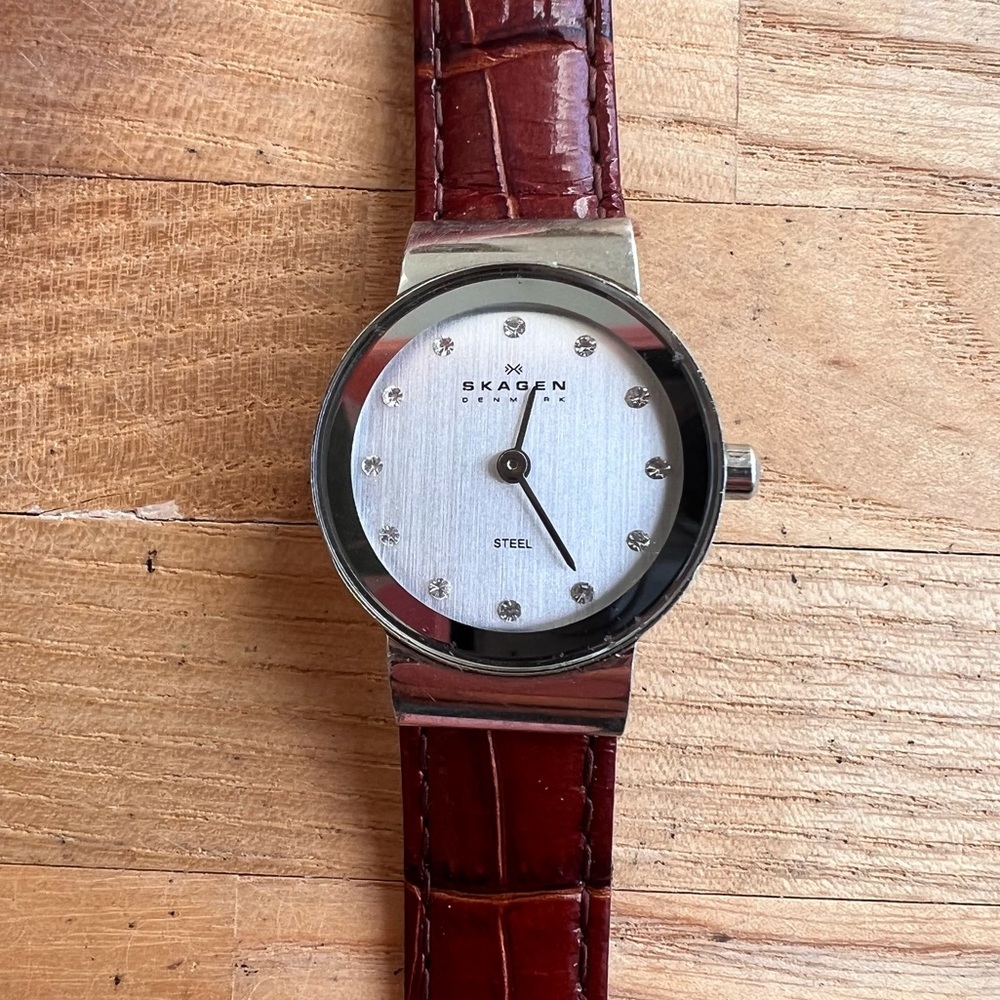 Skagen Denmark steel ladies silver tone brown leather dress watch NEW BATTERY
